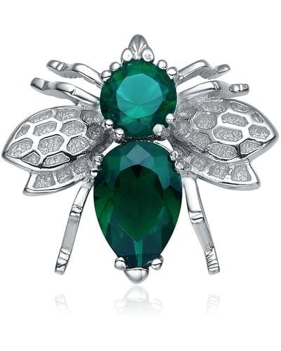 Genevive Jewelry Cubic Zirconia Sterling Silver White Gold Plated Bee Pin - Green