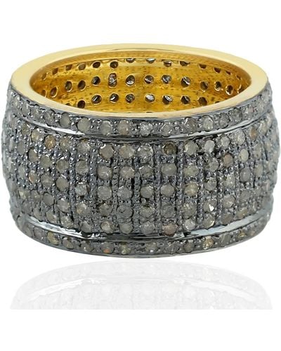 Artisan Natural Pave Diamond Band Ring 925 Sterling Silver 14k Yellow Gold Jewelry - Metallic