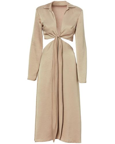 BLUZAT Midi Beige Dress With Long Sleeves And Knot - Natural