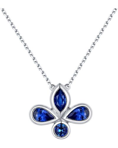 Artisan 18k Solid White Gold In Bezel Set Blue Sapphire Gemstone Designer Necklace