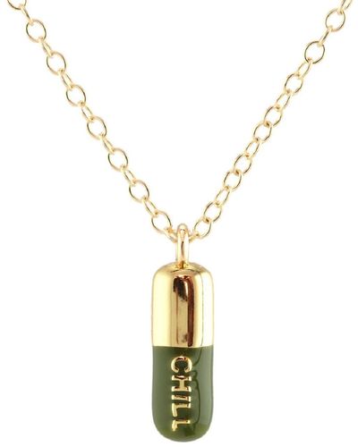Kris Nations Chill Pill Enamel Necklace Gold Filled, Olive Green - Metallic