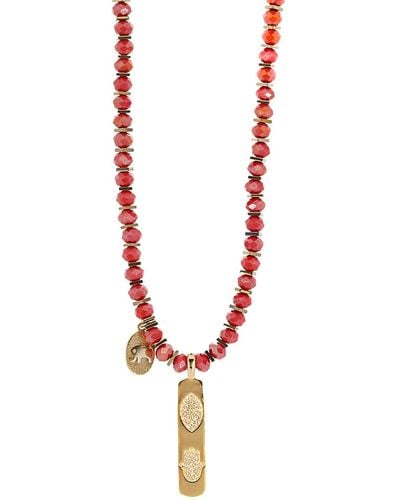 Ebru Jewelry Hamsa & Elephant Gold Pendant Good Luck Beaded Necklace - Red
