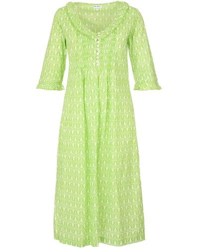 At Last Cotton Karen 3/4 Sleeve Day Dress In Fresh Lime & White - Green
