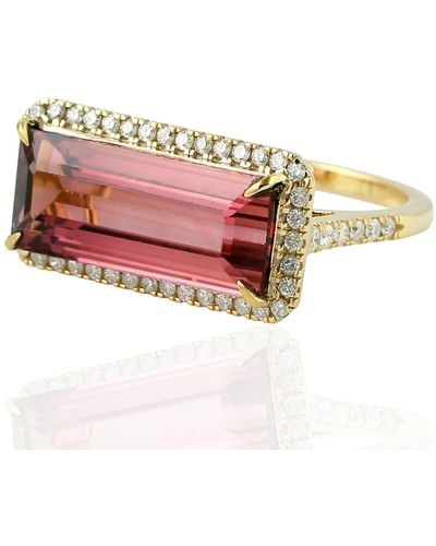 Artisan 18k Solid Gold In Natural Diamond & Pink Tourmaline Gemstone Cocktail Ring Jewellery