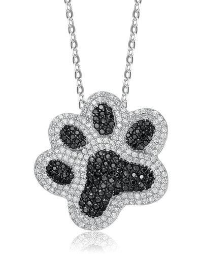 Genevive Jewelry Sterling Silver Black & White Cubic Zirconia Cat Dog Pet Paw Pendant - Metallic