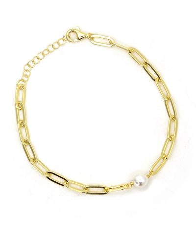 VicStoneNYC Fine Jewelry Pearl Paperclip Chain Gold Bracelet - Metallic