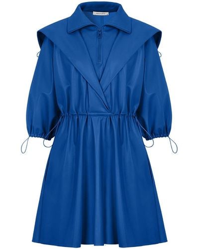 Nocturne High Collar Indigo Leather Mini Dress - Blue