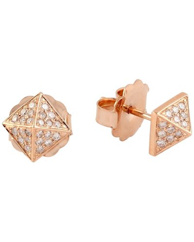 Artisan 18k Solid Rose Gold With Pave Diamond Pyramid Design Stud Earrings - Pink