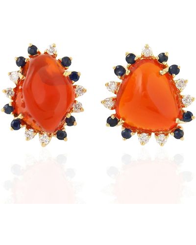 Artisan Solid 18k Gold In Fire Opal & Blue Sapphire With Diamond Oval Shape Stud Earrings - Orange