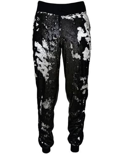 Lalipop Design Double-sided Sequined Black Faux Leather Track Pants