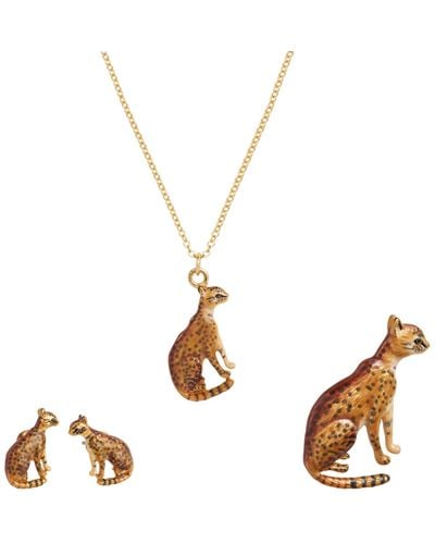 Fable England Bengal Cat Necklace, Earrings And Brooch - Metallic