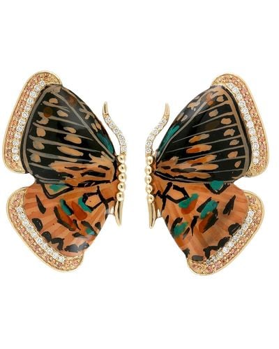 Artisan 18k Gold & Pink Sapphire Pave Diamond Picture Enamel Butterfly Stud Earrings - Brown
