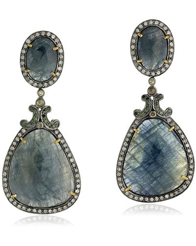 Artisan Oval Cut Sapphire Gemstone & Diamond In 18k Gold With 925 Silver Dangle Earrings Jewellery - Blue