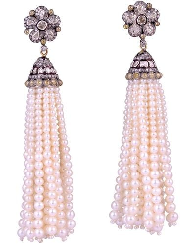 Artisan 18k Gold & Silver With Diamond Pearl Flower Beaded Tassel Earrings - Pink