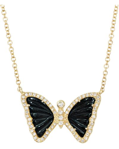 KAMARIA Mini Onyx Butterfly Necklace With Diamonds - Metallic