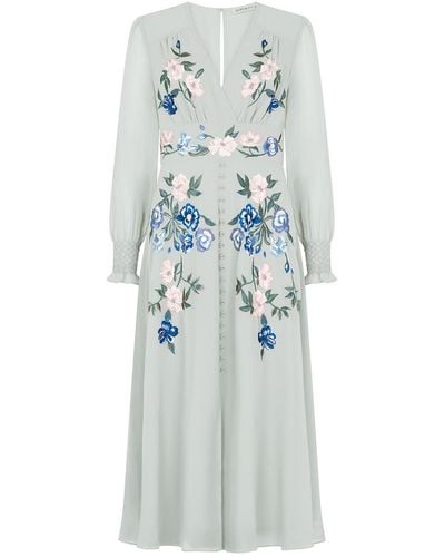 Hope & Ivy The Marissa Embroidered Long Sleeve Front Button Midi Dress - Blue