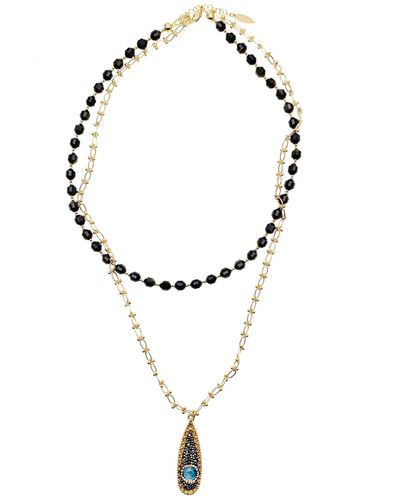 Farra Black Obsidian And Chain With Pendant Double Layers Necklace - Brown