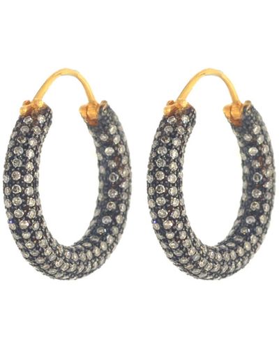 Artisan 14k Yellow Gold & Silver With Pave Diamond Designer Hoop Earrings - Metallic