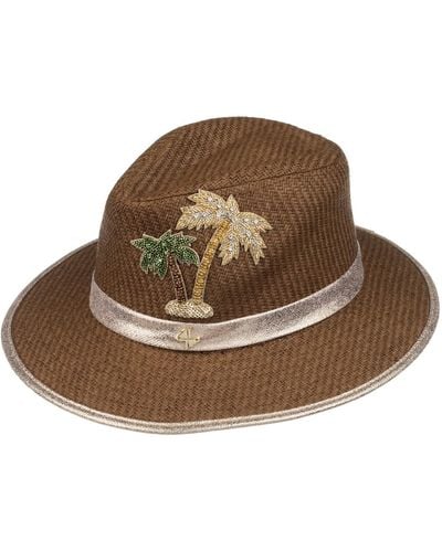 Laines London Straw Woven Hat With Couture Embellished Palm Tree Design - Brown