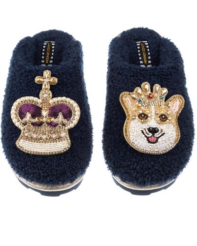 Laines London Teddy Towelling Closed Toe Slippers With Sandy The Corgi & Royal Crown Brooches - Blue
