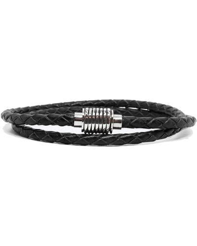 Kenton Michael Sterling Silver Coil, Braided Leather Wrap Bracelet - Black