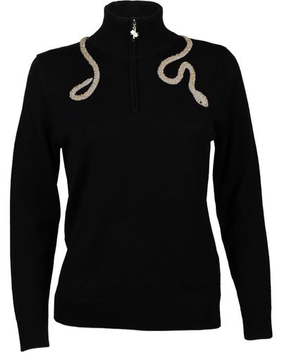 Laines London Laines Couture Quarter Zip Sweater With Embellished Crystal & Pearl Snake - Black