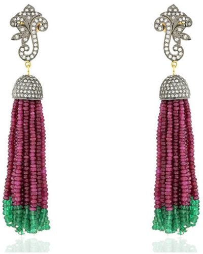 Artisan 18k Sterling Silver In Pave Diamond & Emerald With Ruby Beaded Tassel Earrings - Red