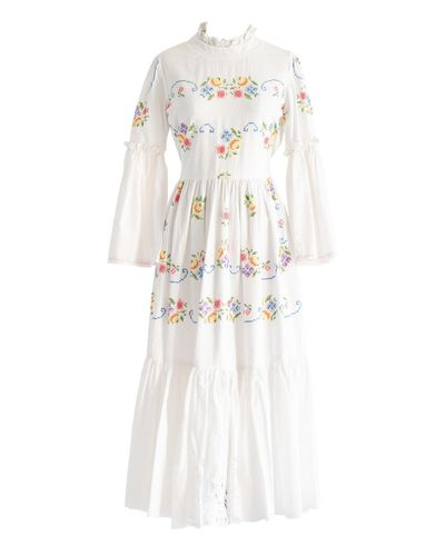 Sugar Cream Vintage Re-design Upcycled Ruffle Necked Colorful Floral Maxi Dress - White