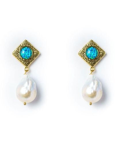 EUNOIA Jewels Casablanca Statement Gold Opal & Large Freshwater Pearl Earrings - Blue