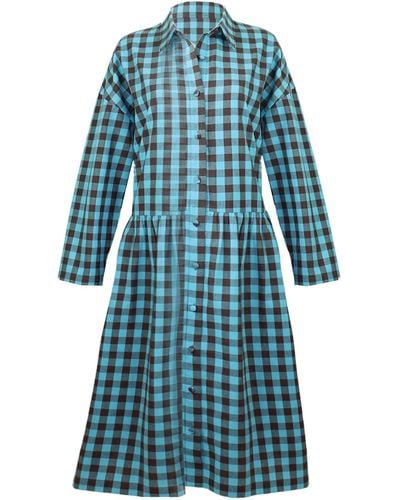 Zenzee Cotton Linen Gingham Shirt Dress Brown & Turquoise - Blue