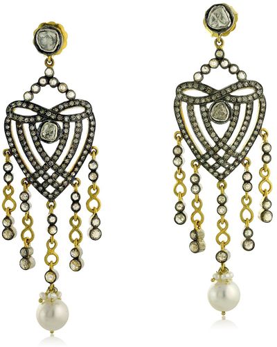 Artisan Pearl Uncut Diamond 14k Gold Silver Chandelier Earrings Jewelry - Metallic
