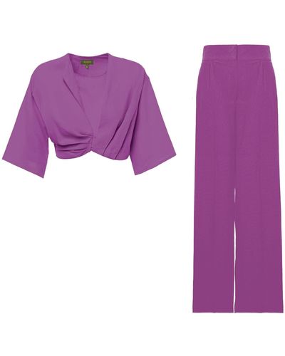 BLUZAT Purple Matching Set With Cropped Shirt And Staight Trousers