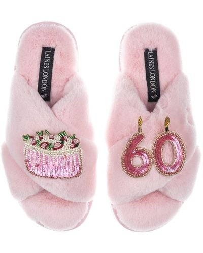 Laines London Classic Laines Slippers With 60th Birthday & Cake Brooches - Pink