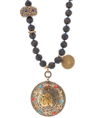 Ebru Jewelry Nepal Gold & Gemstone Mantra Pendant Black Beaded Spiritual Necklace - Metallic