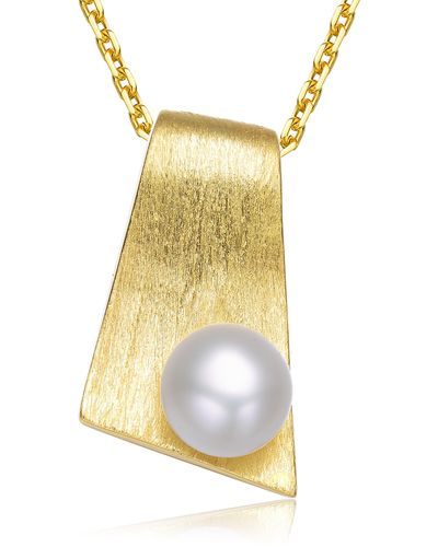 Genevive Jewelry Sterling Silver Gold Plated With Freshwater Pearl Rectangle Pendant Necklace - Yellow