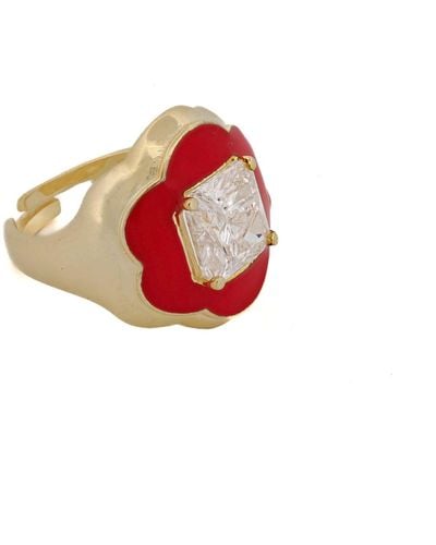 Ebru Jewelry Clover Red Enamel & Diamond Gold Lucky Ring
