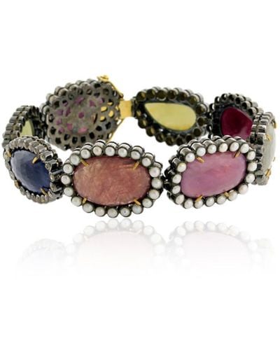 Artisan Multi Sapphire & Ruby With Pearl Pave Diamond In 18k 925 Silver Fixed And Flexible Bracelet - Metallic