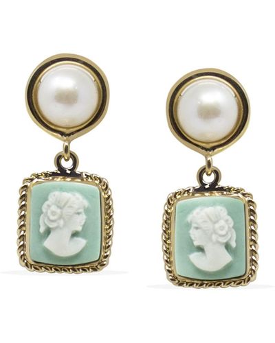 Vintouch Italy The Beloved Gold-plated Green Cameo And Pearl Earrings