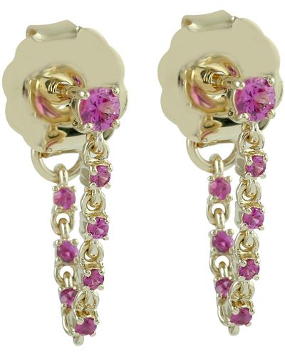 Artisan 14k Solid Gold With Pink Sapphire Gemstone Chain Ear Thread Earrings - Metallic
