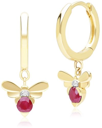 Gemondo Honeycomb Inspi Ruby & Diamond Bee Hoop Earrings In Yellow Gold - Metallic