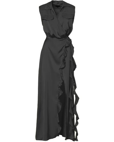 BLUZAT Maxi Dress With Oversized Shoulders And Ruffled Slit - Black