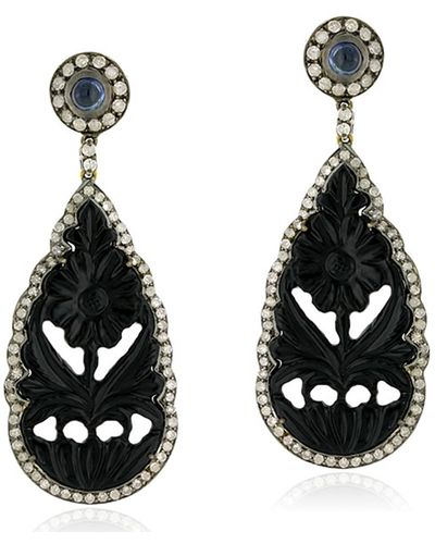 Artisan Gemstone Diamond Gold 925 Sterling Silver Dangle Earrings Carving Jewellery - Black