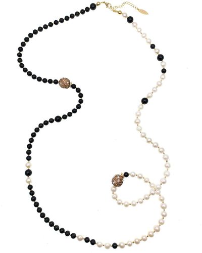 Farra Freshwater Pearls With Obsidian Statement Long Necklace - Multicolour