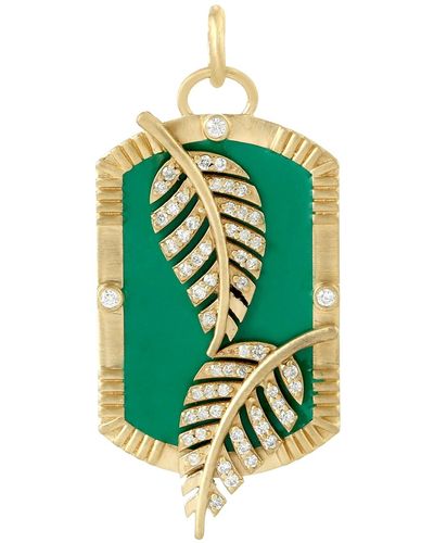 Artisan Enamel Leaf 18k Yellow Gold Diamond Pendant - Green