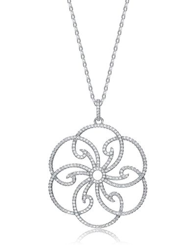 Genevive Jewelry Cubic Zirconia Sterling Silver White Gold Plated Micro Pave Flower Design Pendnat - Metallic