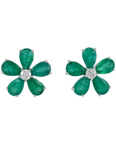 Artisan 18k White Gold Emerald Diamond Flower Stud Earrings Handmade Jewelry - Green