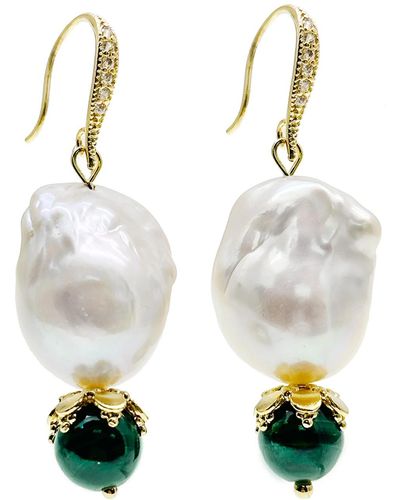 Farra Baroque Pearl With Malachite Round Stone Earrings - White