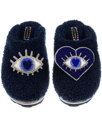 Laines London Teddy Towelling Closed Toe Slippers With & Silver Double Eye Brooches - Blue