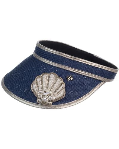 Laines London Straw Woven Visor With Beaded Shell Brooch - Blue