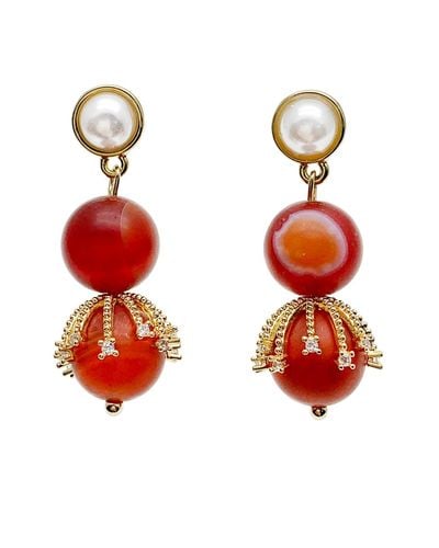 Farra Matte Finish Agate Dangle With Pearl Stud Earrings - Red